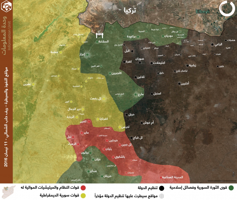 مواقع النفوذ والسيطرة - ريف حلب الشمالي - 11 نيسان 2016